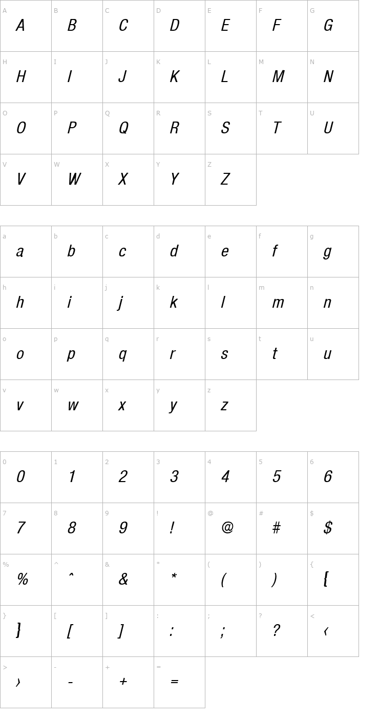 Character Map Olnova-MediumCondIta Font