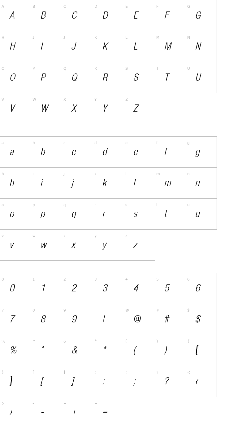 Character Map Olnova-RegularCondIta Font