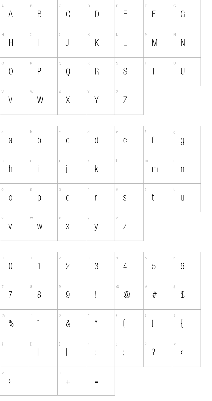 Character Map Olympia-XlightCond Font