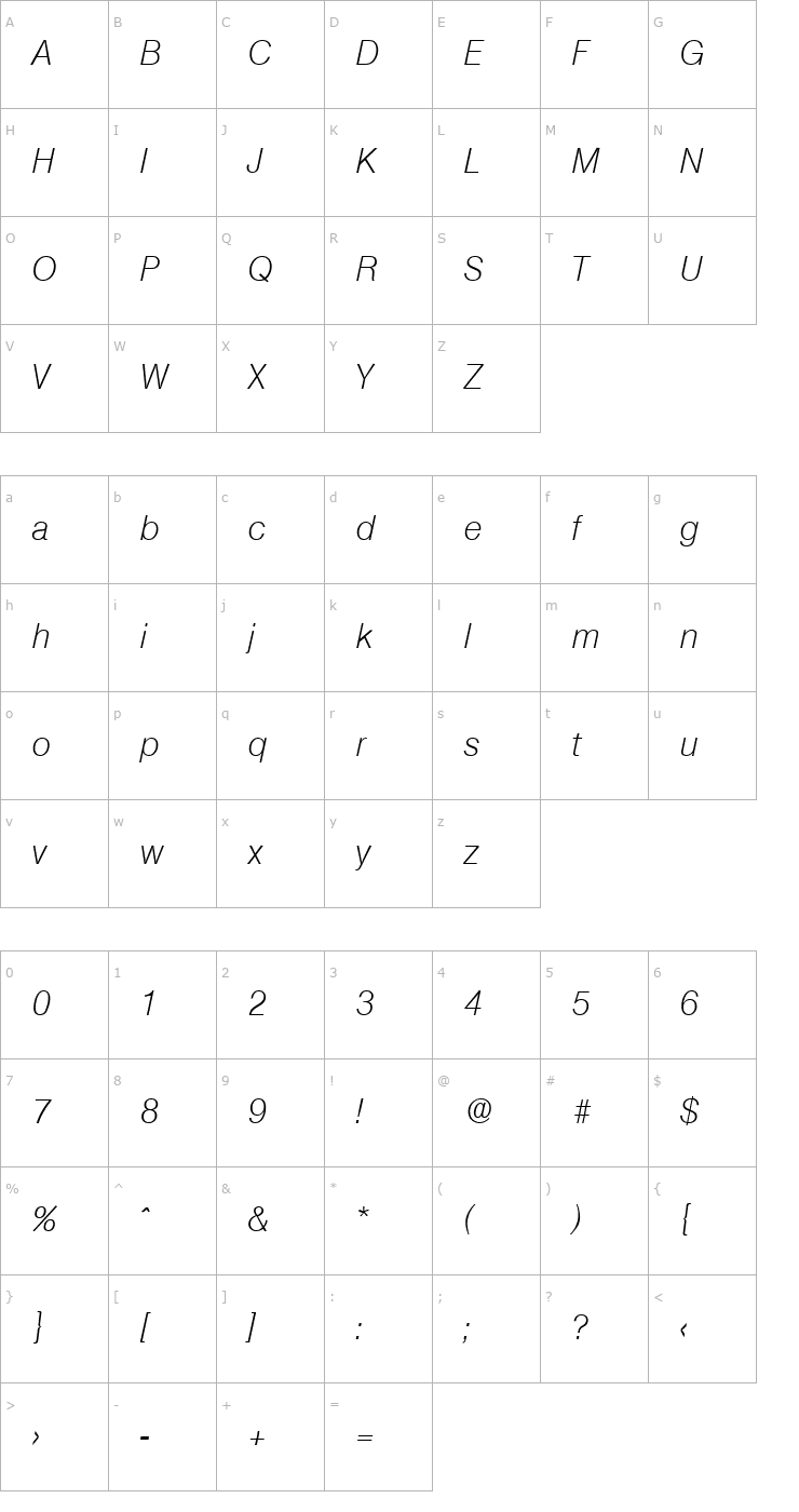 Character Map Olympia-XlightIta Font
