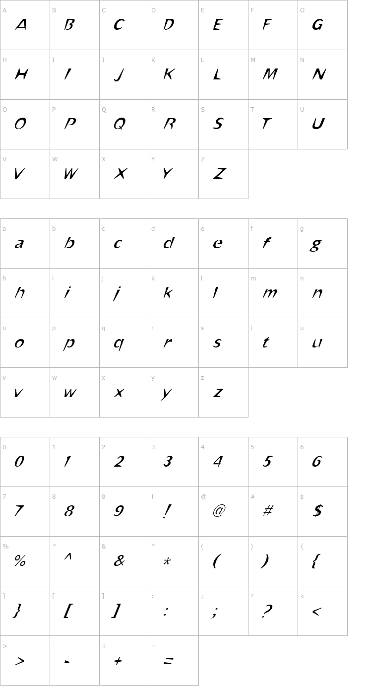 Character Map OmahaThin Italic Font