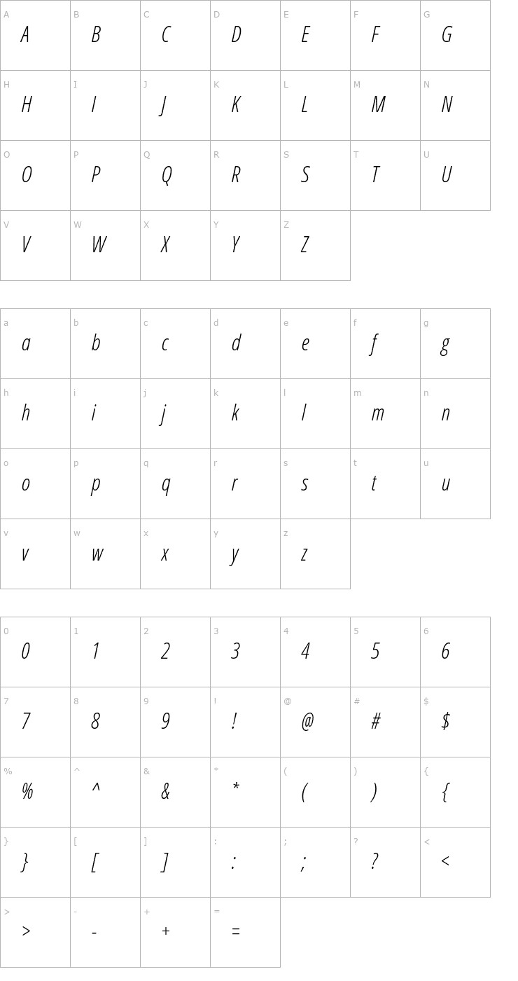 Character Map Open Sans Condensed Light Italic Font