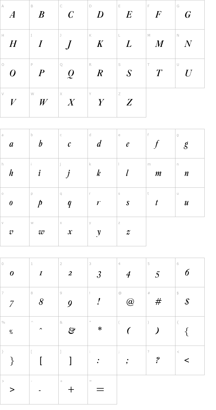 Character Map OPTIAmericanCaslon-ItSwash Font