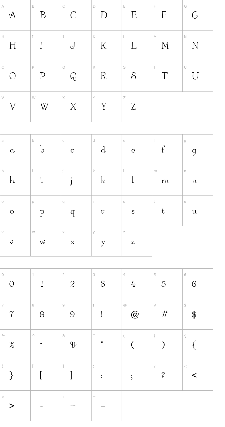 Character Map OPTIAnnouncement-Roman Font