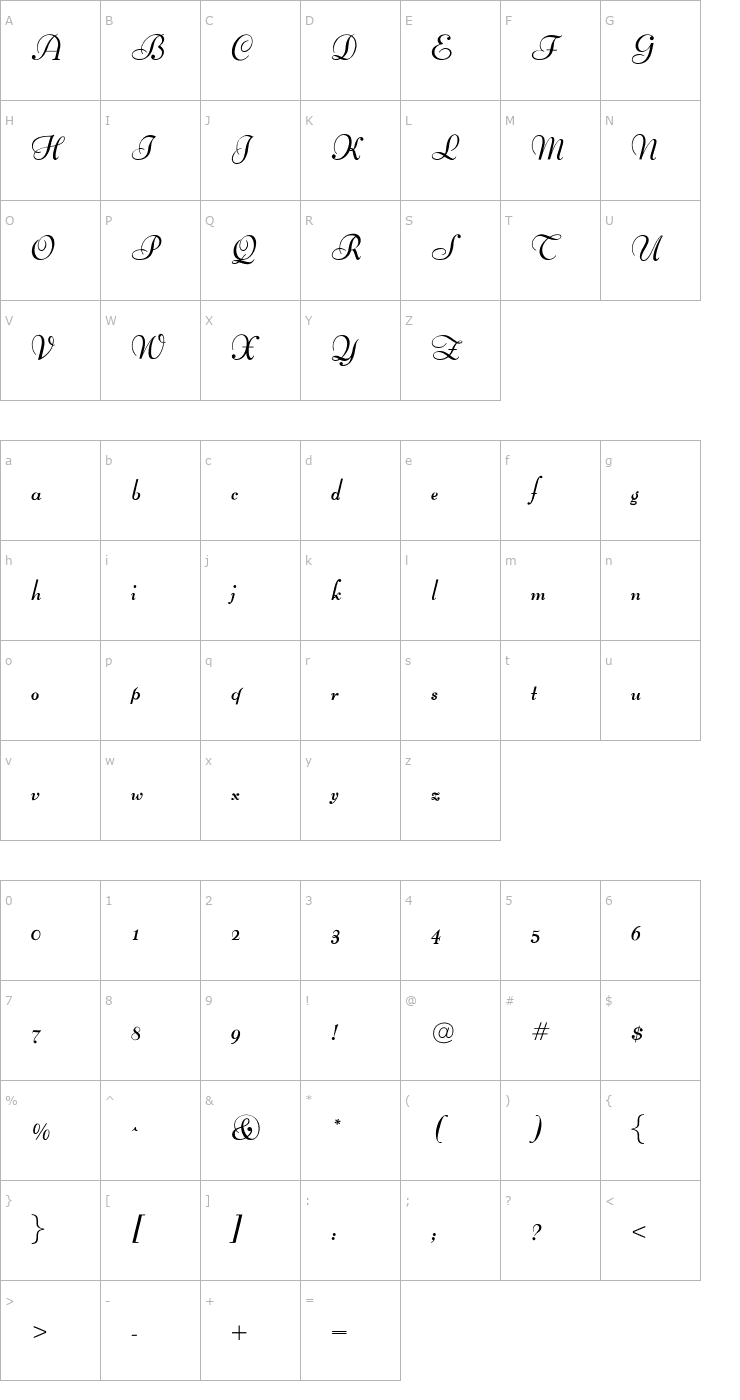 Character Map OPTIBernhard-BoldCursive Font