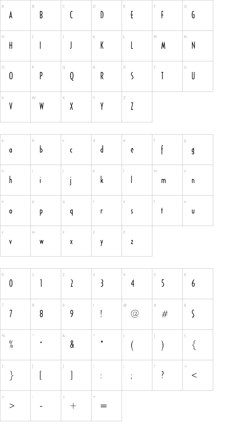 Character Map OPTICivet-LiteCondensed Font