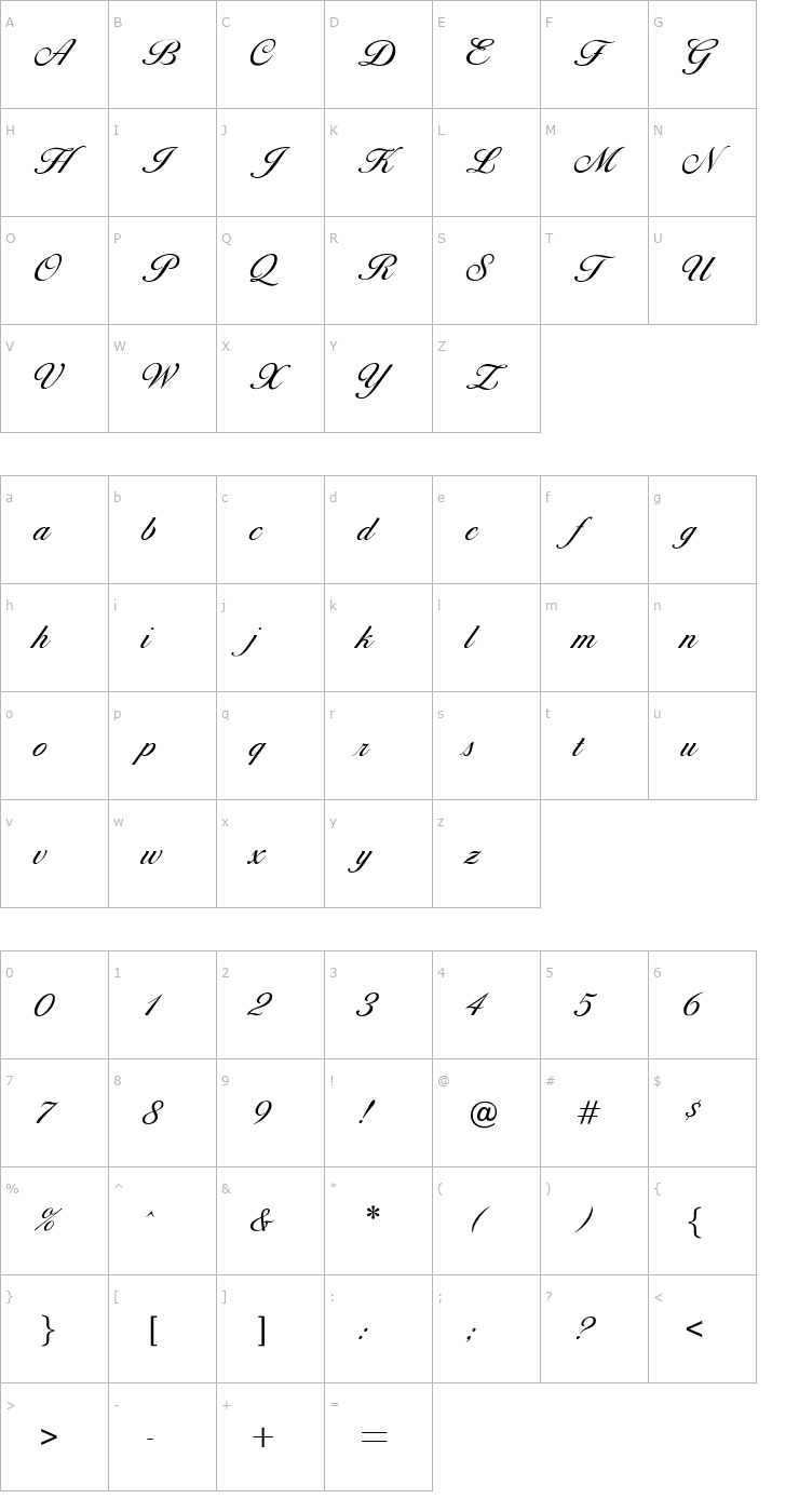 Character Map OPTIDiannaScript-LightAgen Font