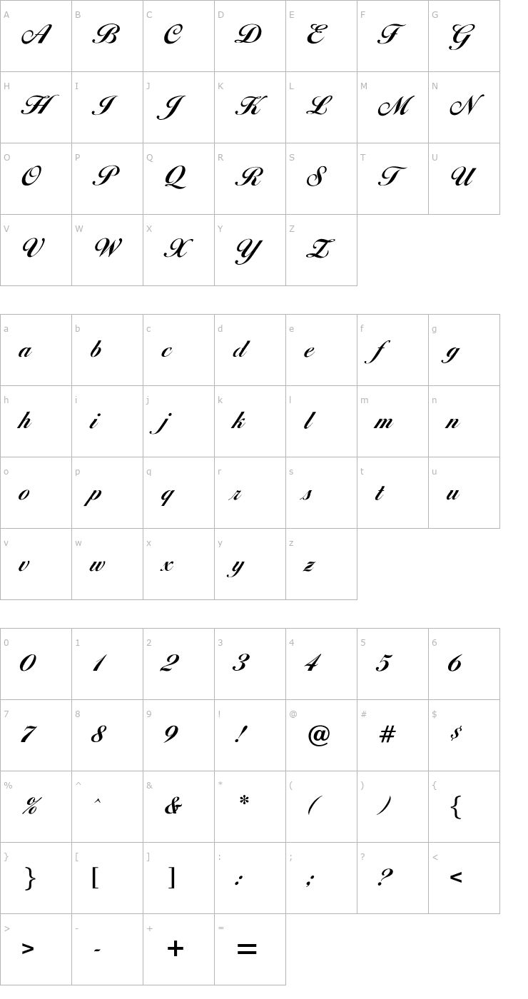 Character Map OPTIDiannaScriptBoldAgency Font