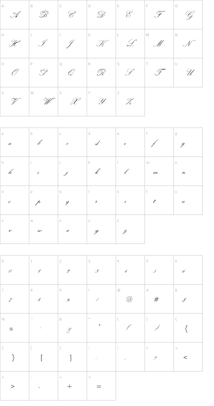 Character Map OPTIExcelsiorScript Font