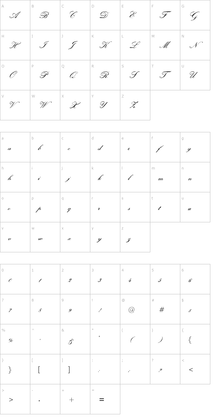 Character Map OPTIExcelsiorScript-SemiBd Font