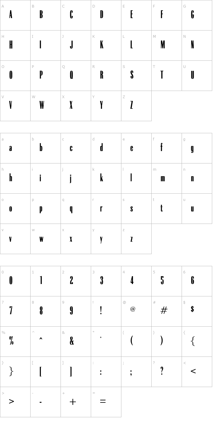 Character Map OPTIRadiant-BoldXCond Font