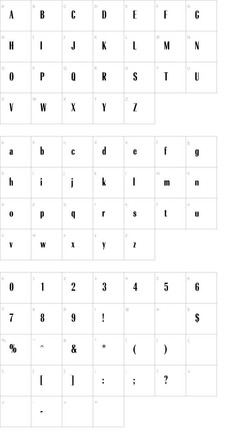 Character Map OPTIRadiantBold-Condensed Font