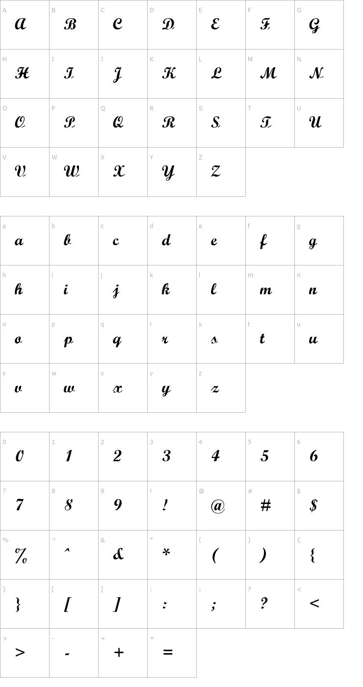 Character Map OPTIScript-Bold Font