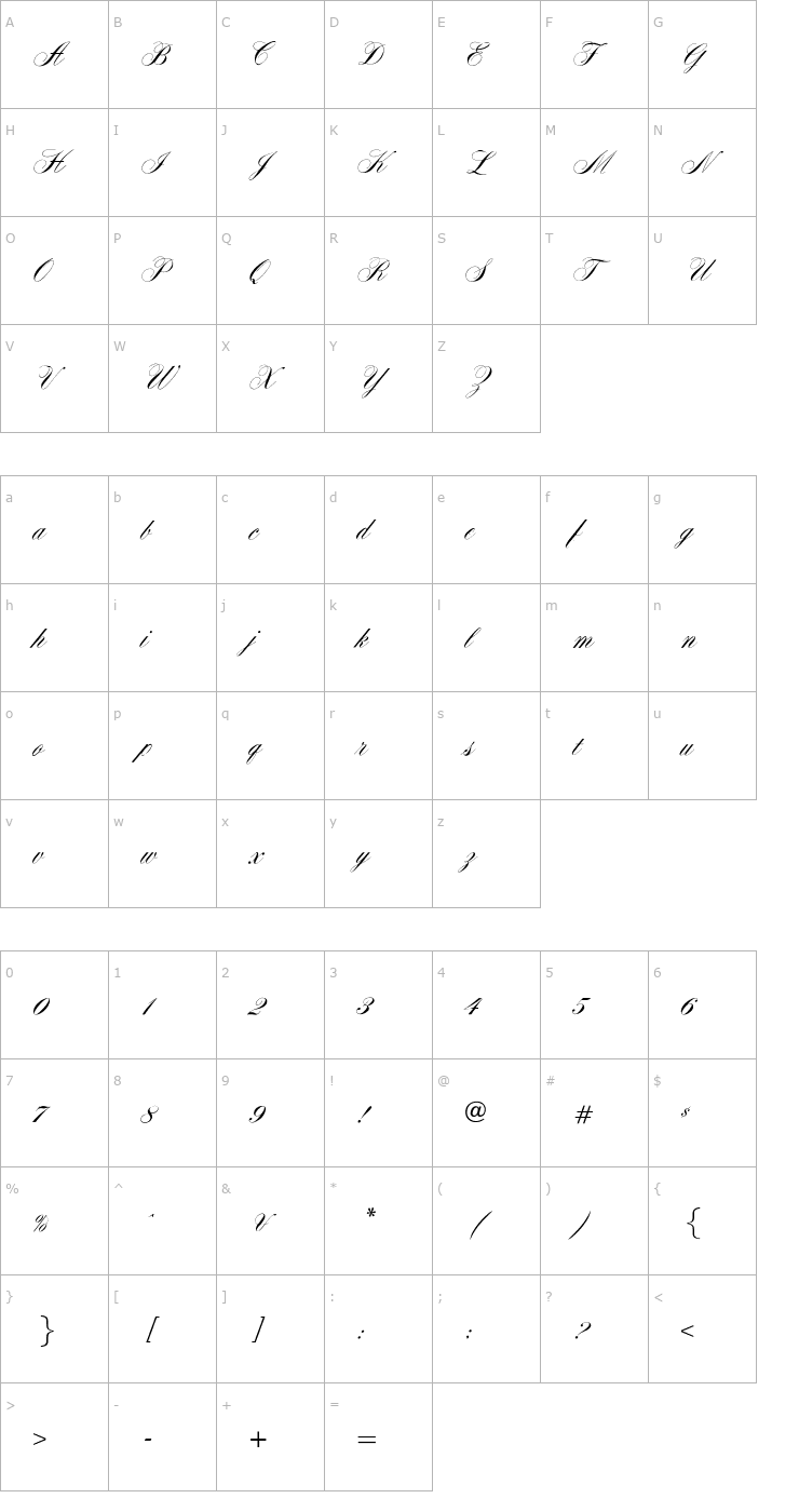 Character Map OPTIYale-Script Font