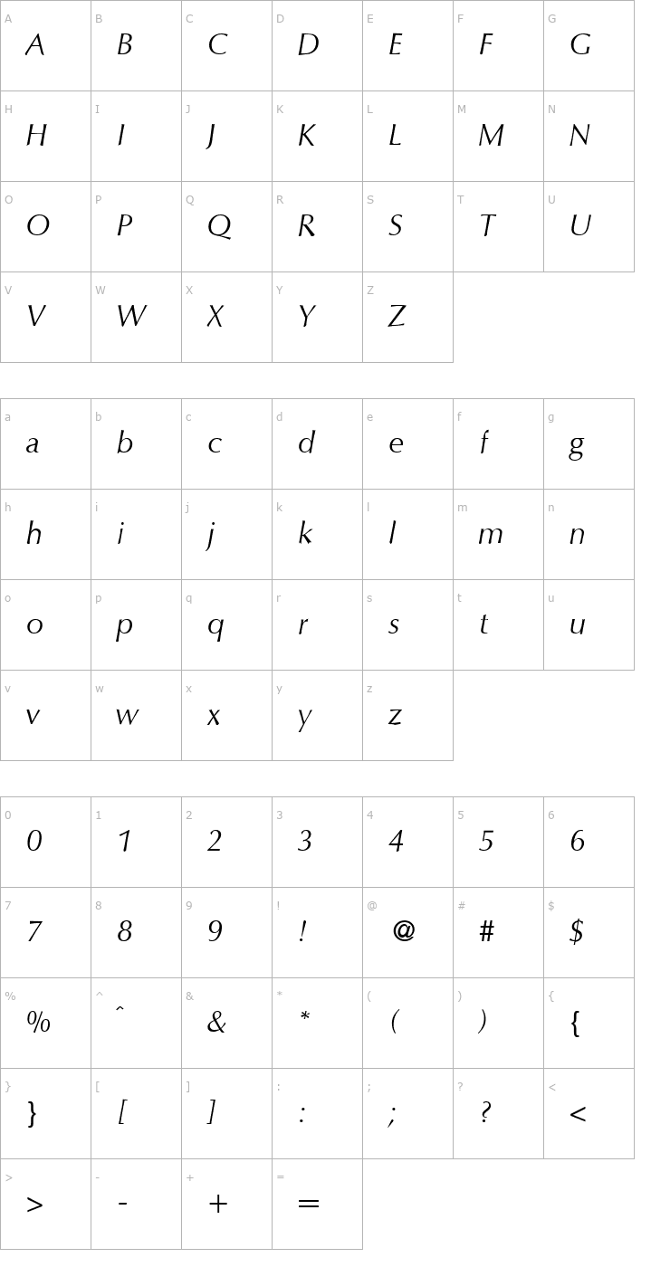 Character Map OpusTwo-RegularItalic Font