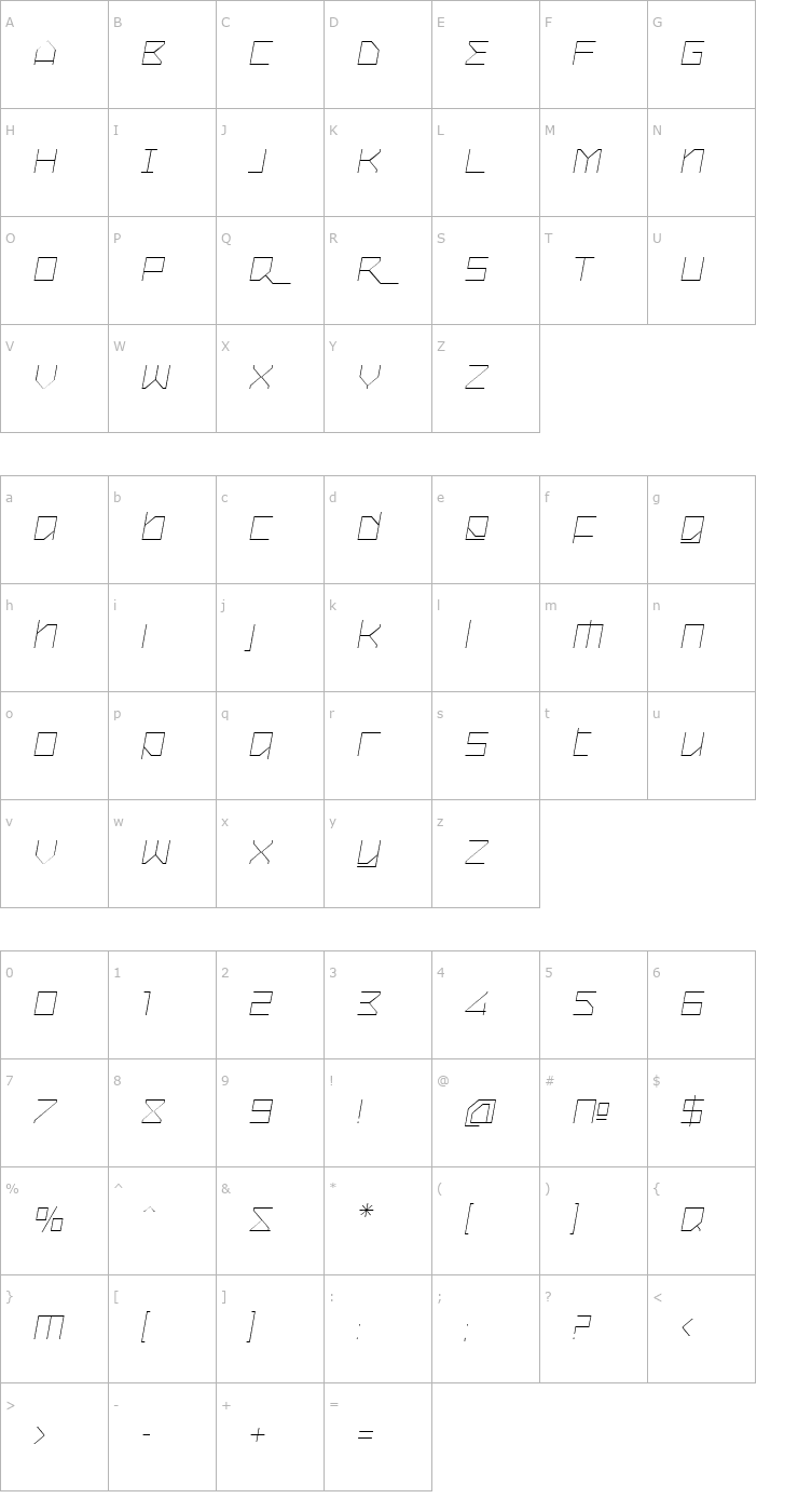 Character Map Oxygen Light Italic Font