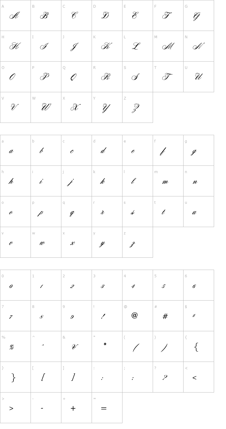 Character Map OYALE Scrip Bold Font