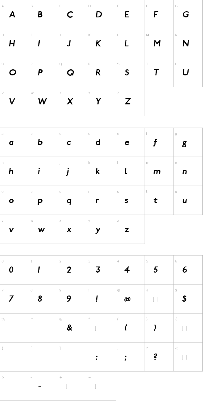 Character Map Paddington Bold Italic Font