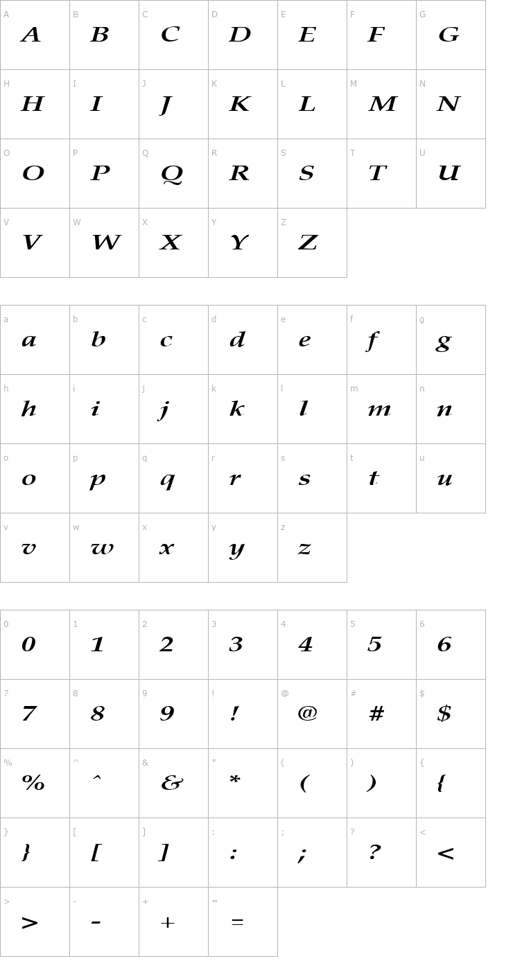 Character Map PalisadeBroad Bold Italic Font