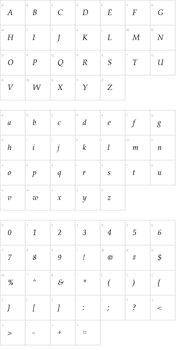 Character Map Palladius Italic Font