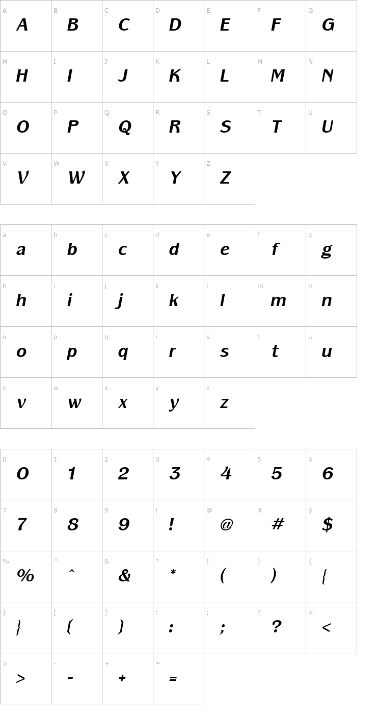 Character Map Panache Bold Italic Font