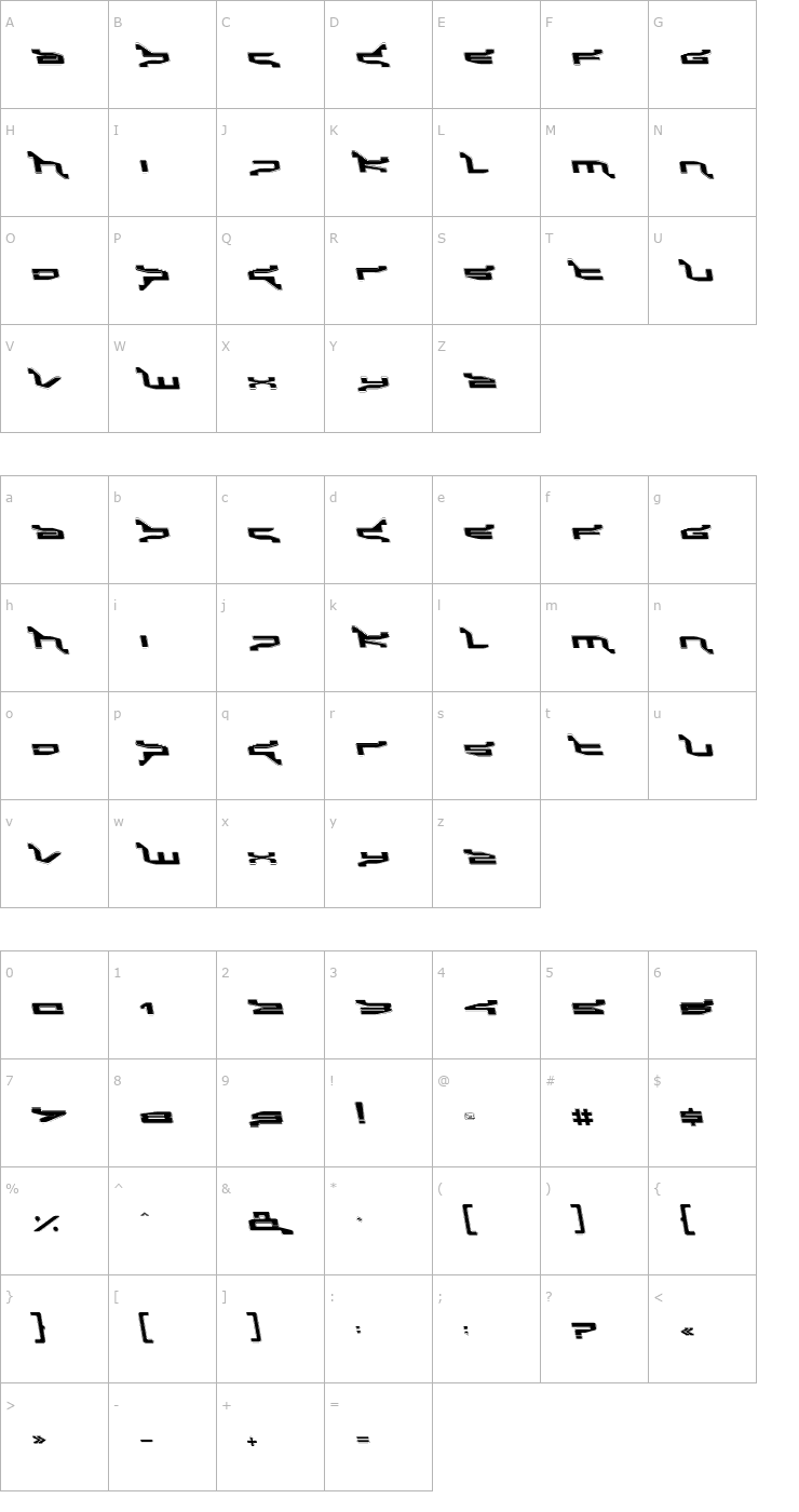 Character Map Panic-Outline-A-Italic Font