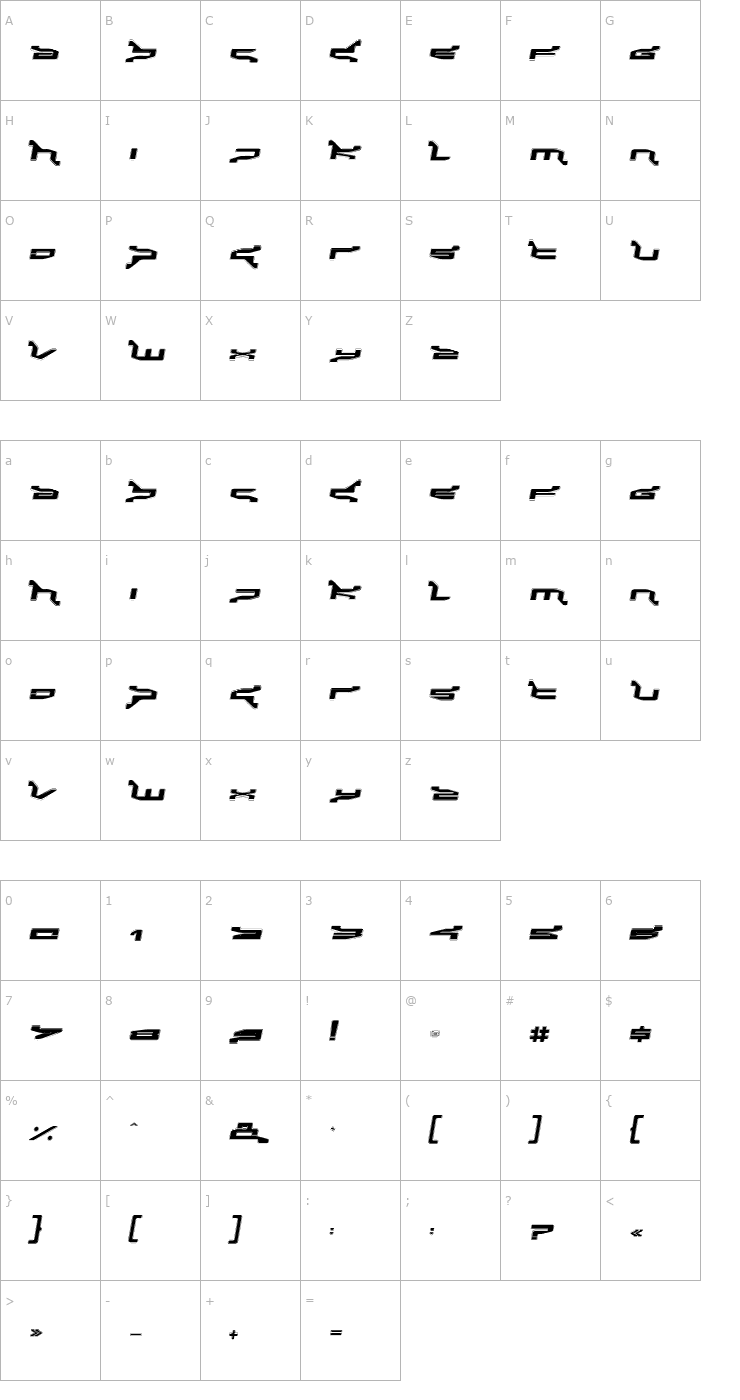 Character Map Panic-OutlineItalic Font