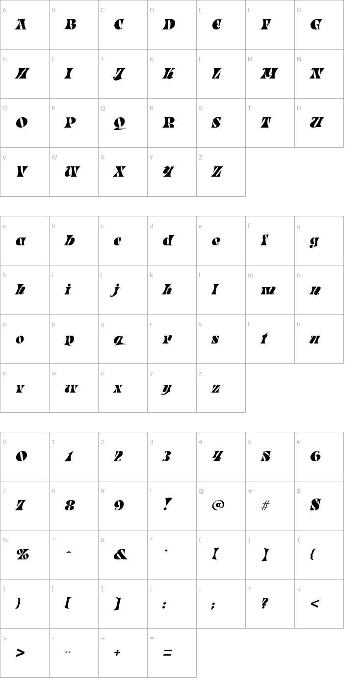 Character Map Parade Italic Font