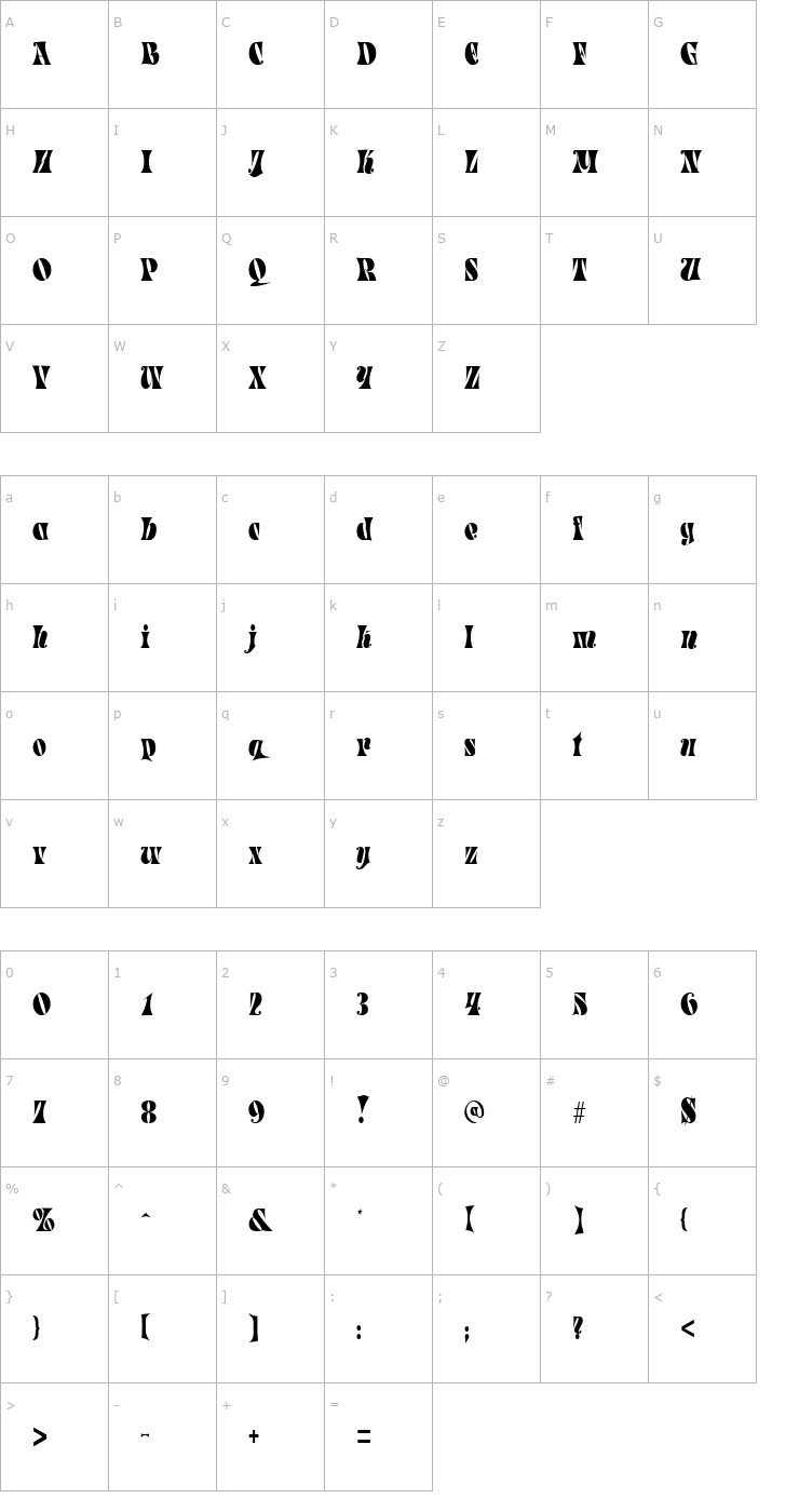 Character Map ParadeTight Regular Font