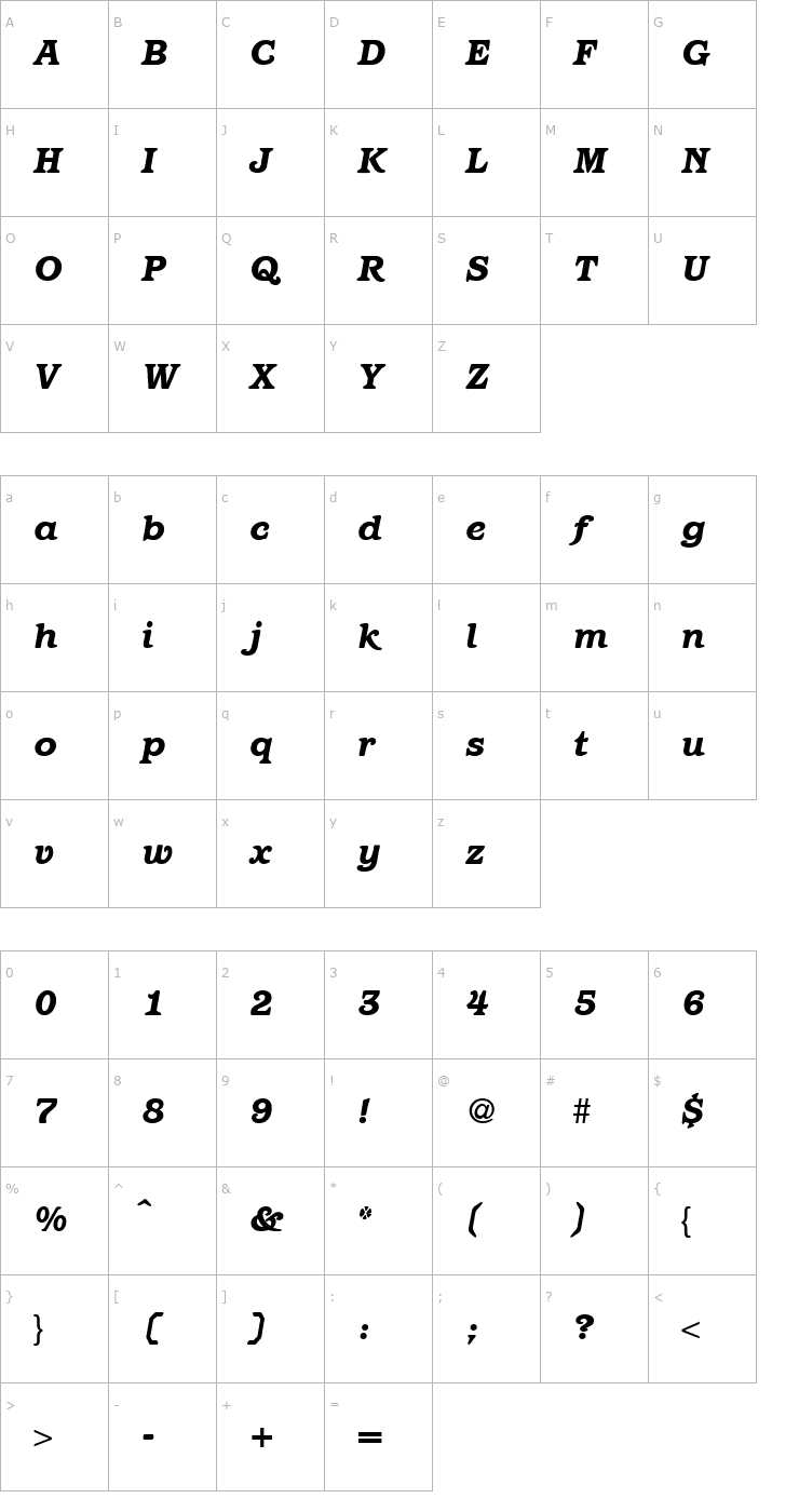 Character Map ParagonHeavy-RegularItalic Font