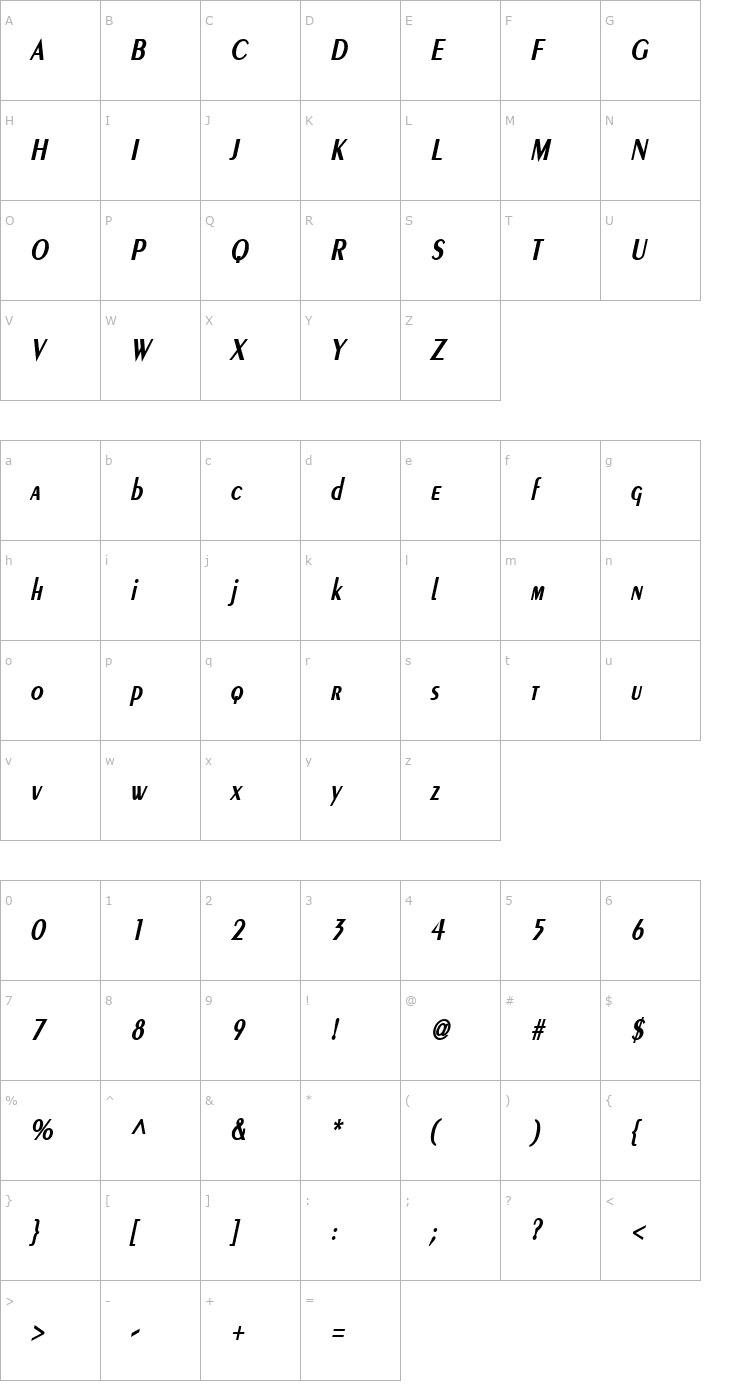 Character Map Pare Condensed BoldItalic Font