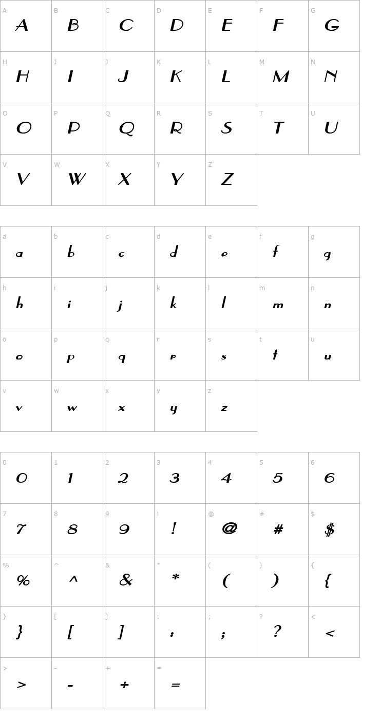 Character Map Paris Wide Bold Italic Font