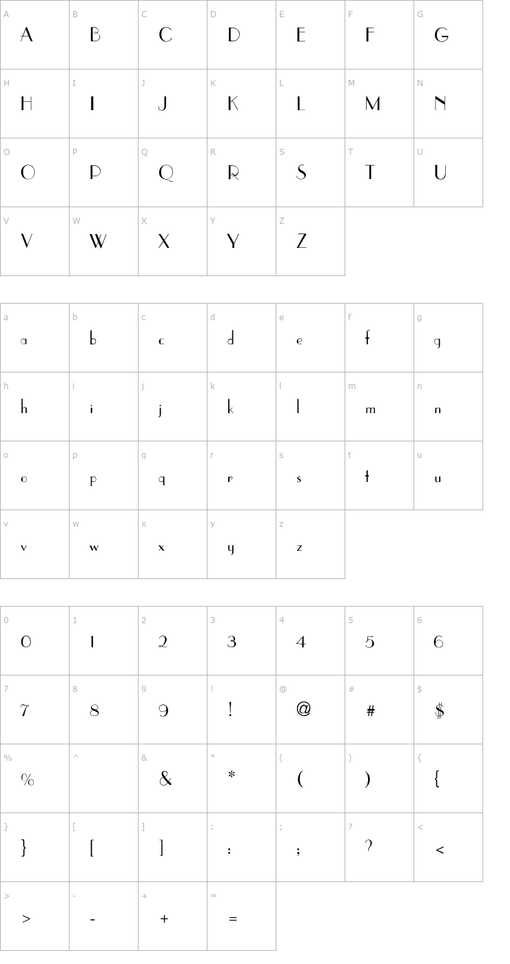 Character Map Parisian-Thin Font
