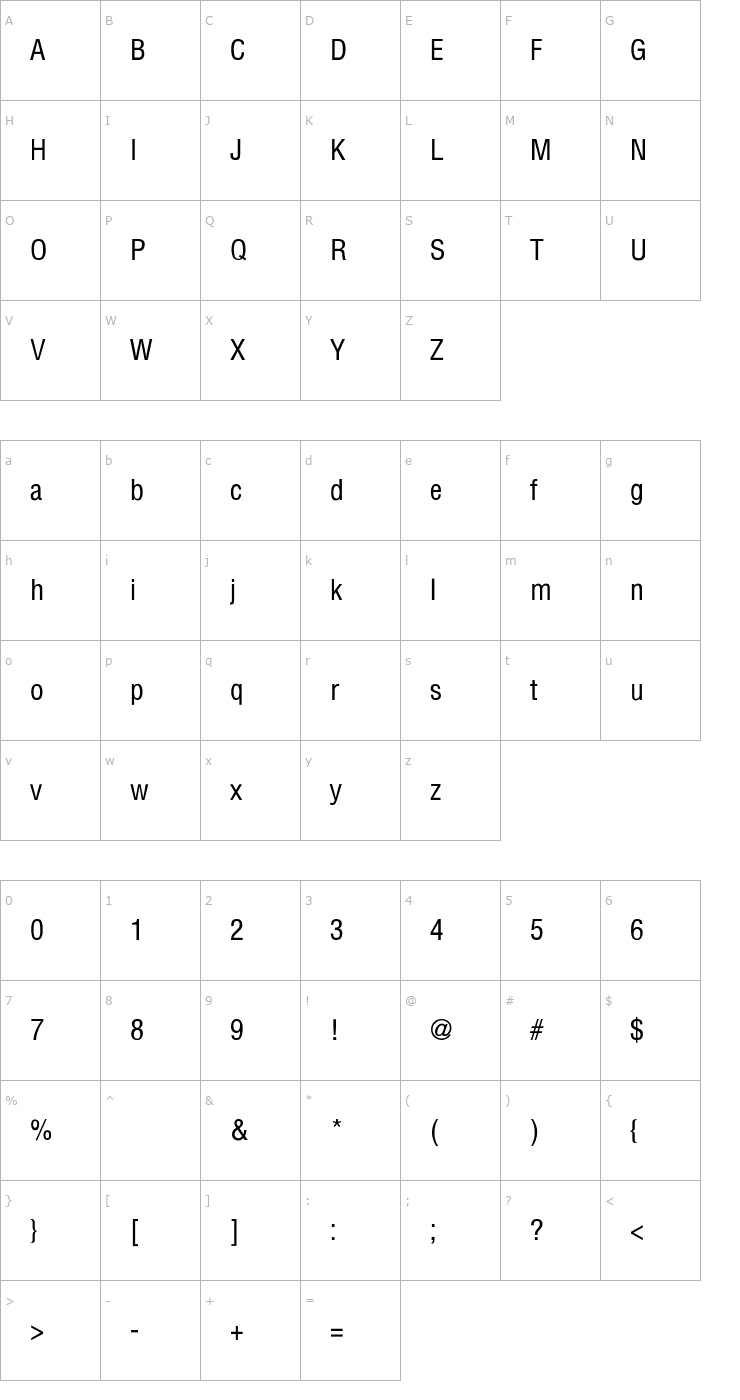 Character Map Partridge-Condensed-Thin Font