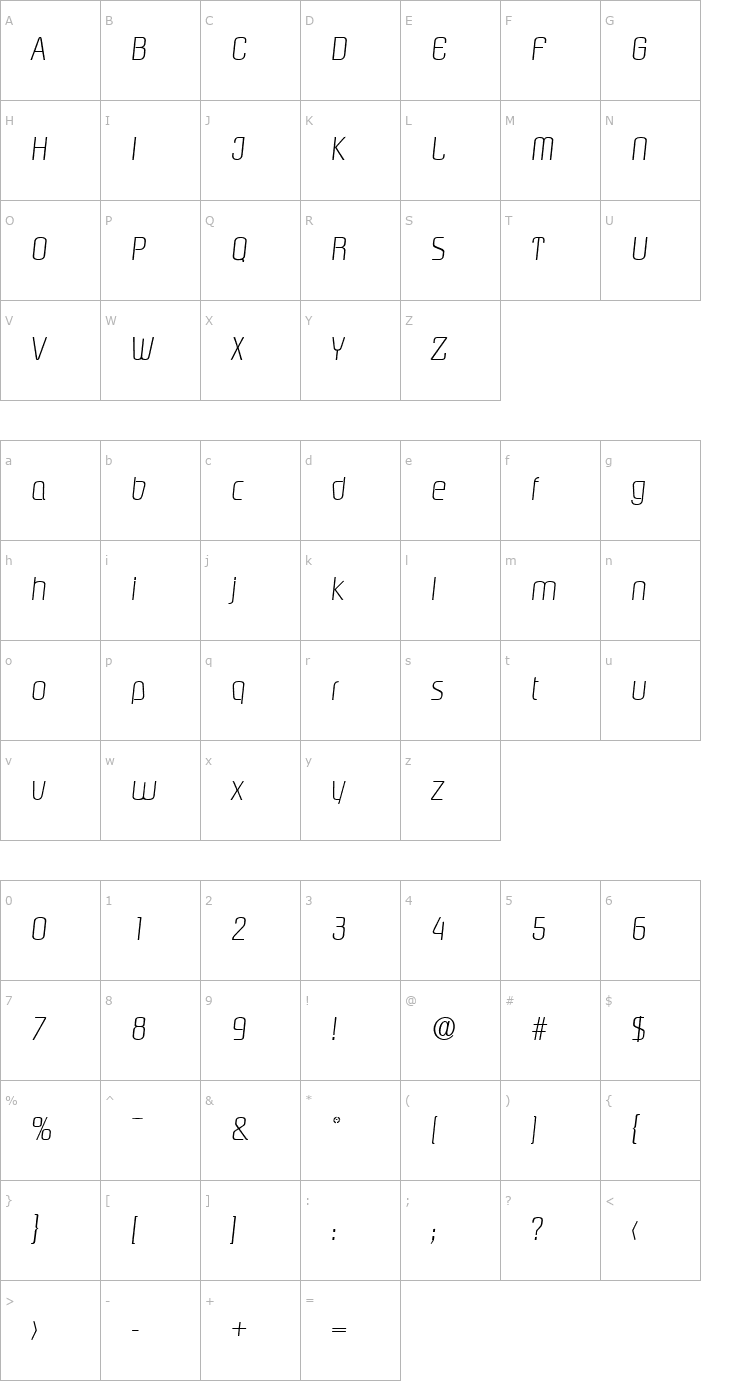Character Map Pasadena-Serial-ExtraLight-RegularItalic Font