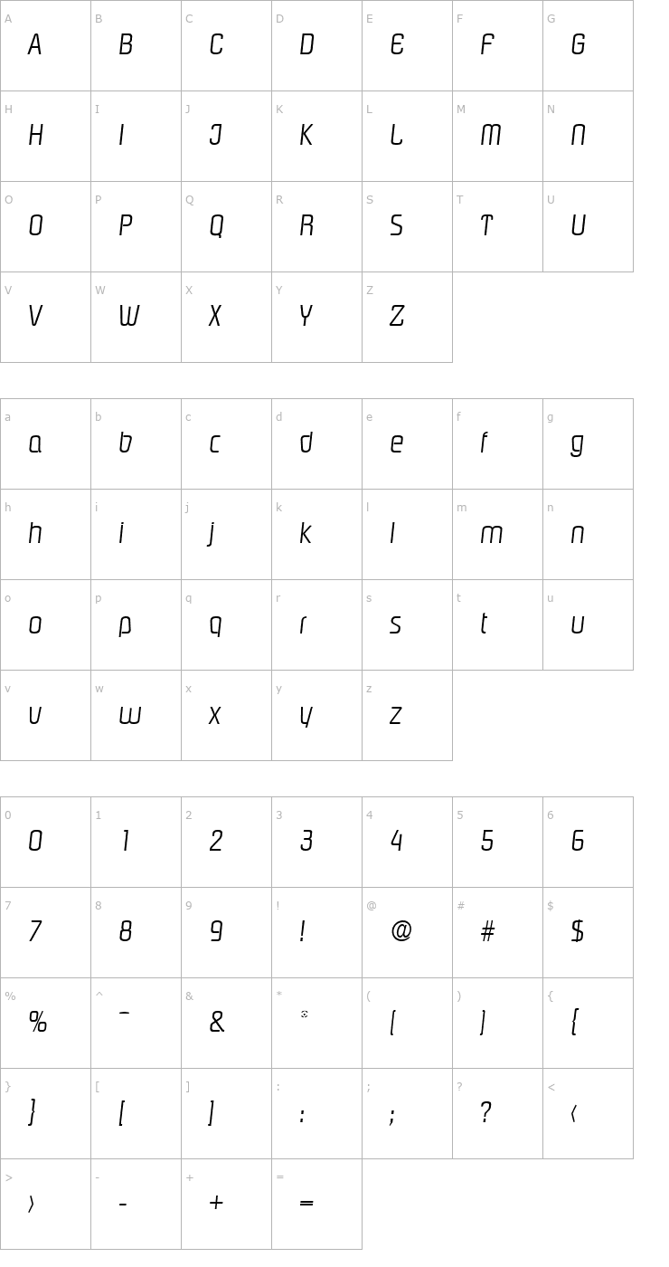 Character Map Pasadena-Serial-Light-RegularItalic Font