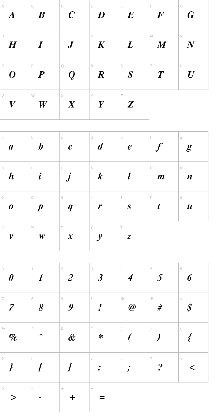 Character Map PC Tennessee BoldItalic Font