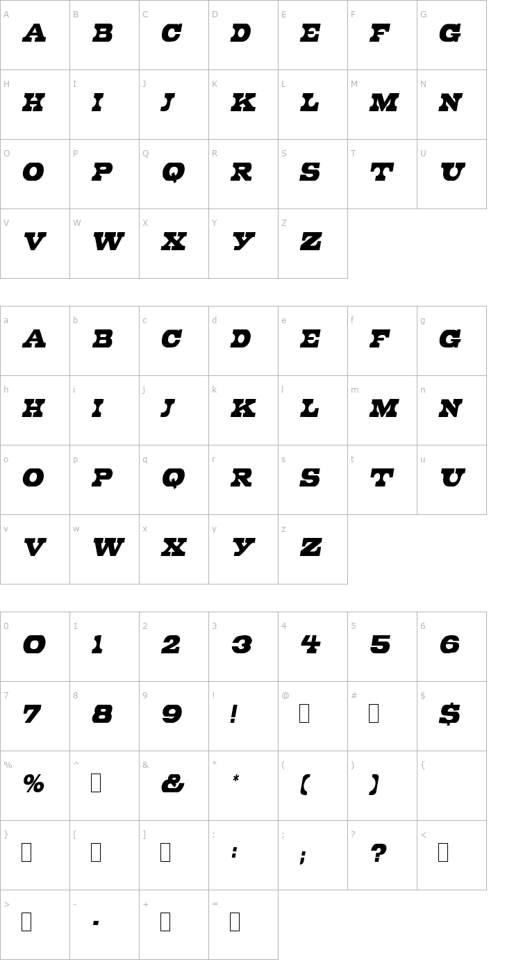 Character Map PeduncleNarrow Oblique Font