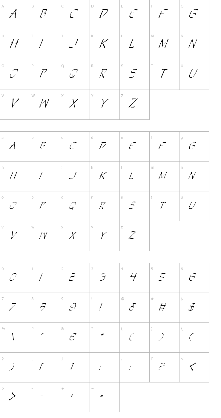 Character Map Perdition Italic Font