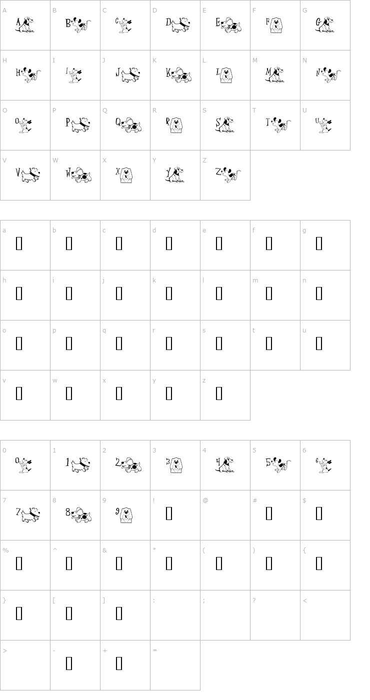 Character Map Perky Pooches Font