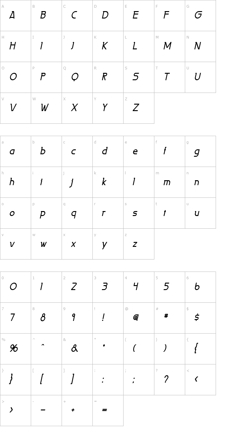 Character Map Persia Condensed Bold Italic Font