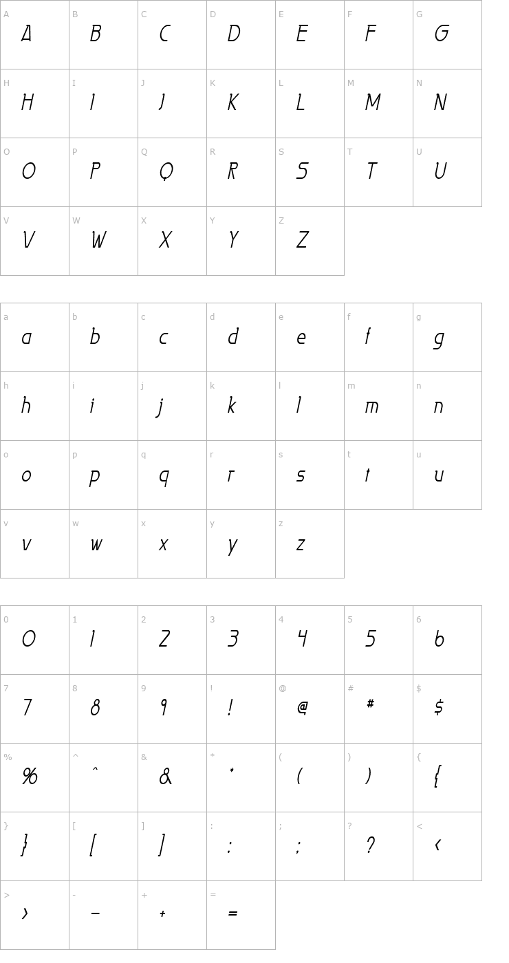 Character Map Persia Thin Italic Font