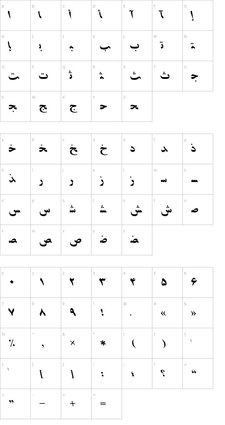 Character Map PersianZibaSSK Italic Font