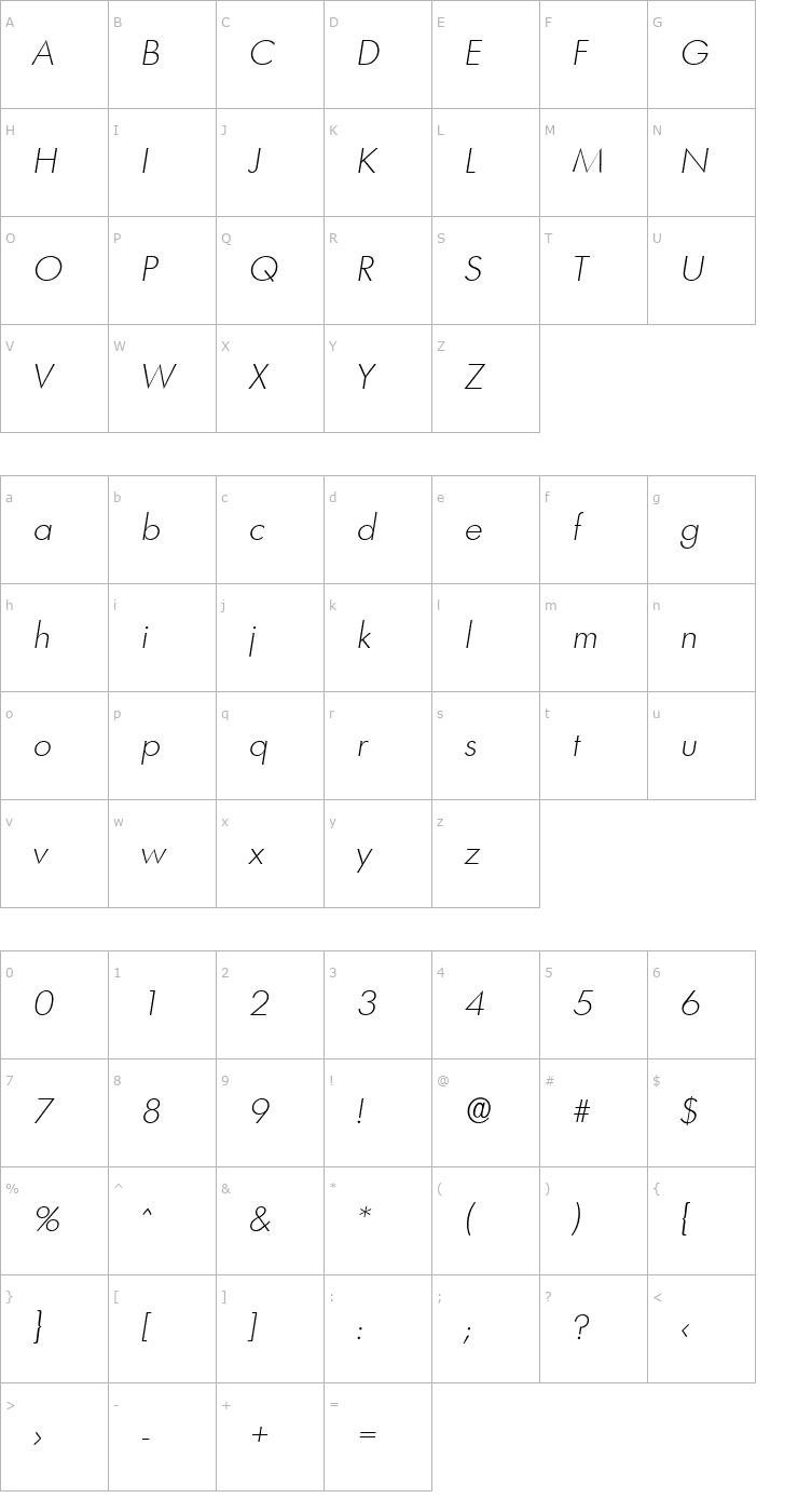 Character Map PeterBecker-ExtraLight Italic Font