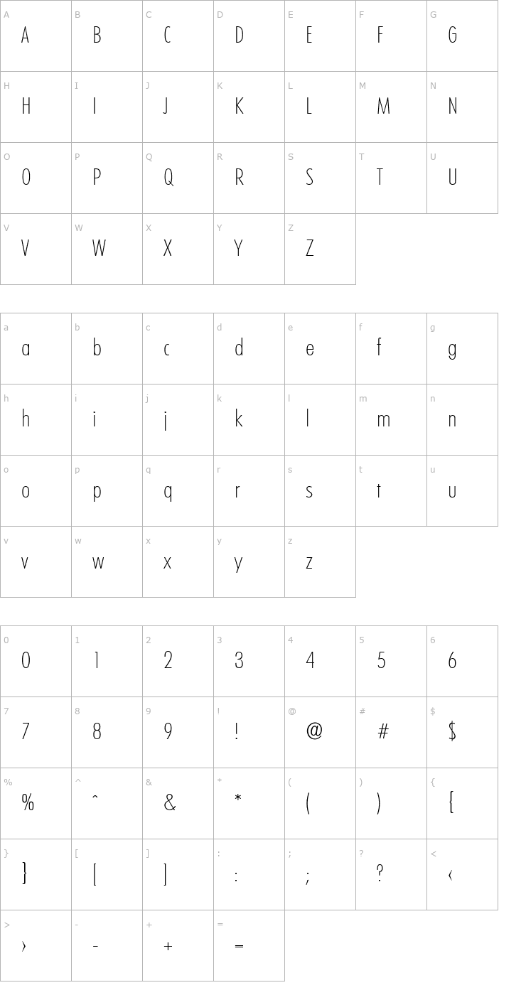 Character Map PeterBeckerCond-ExtraLight Font
