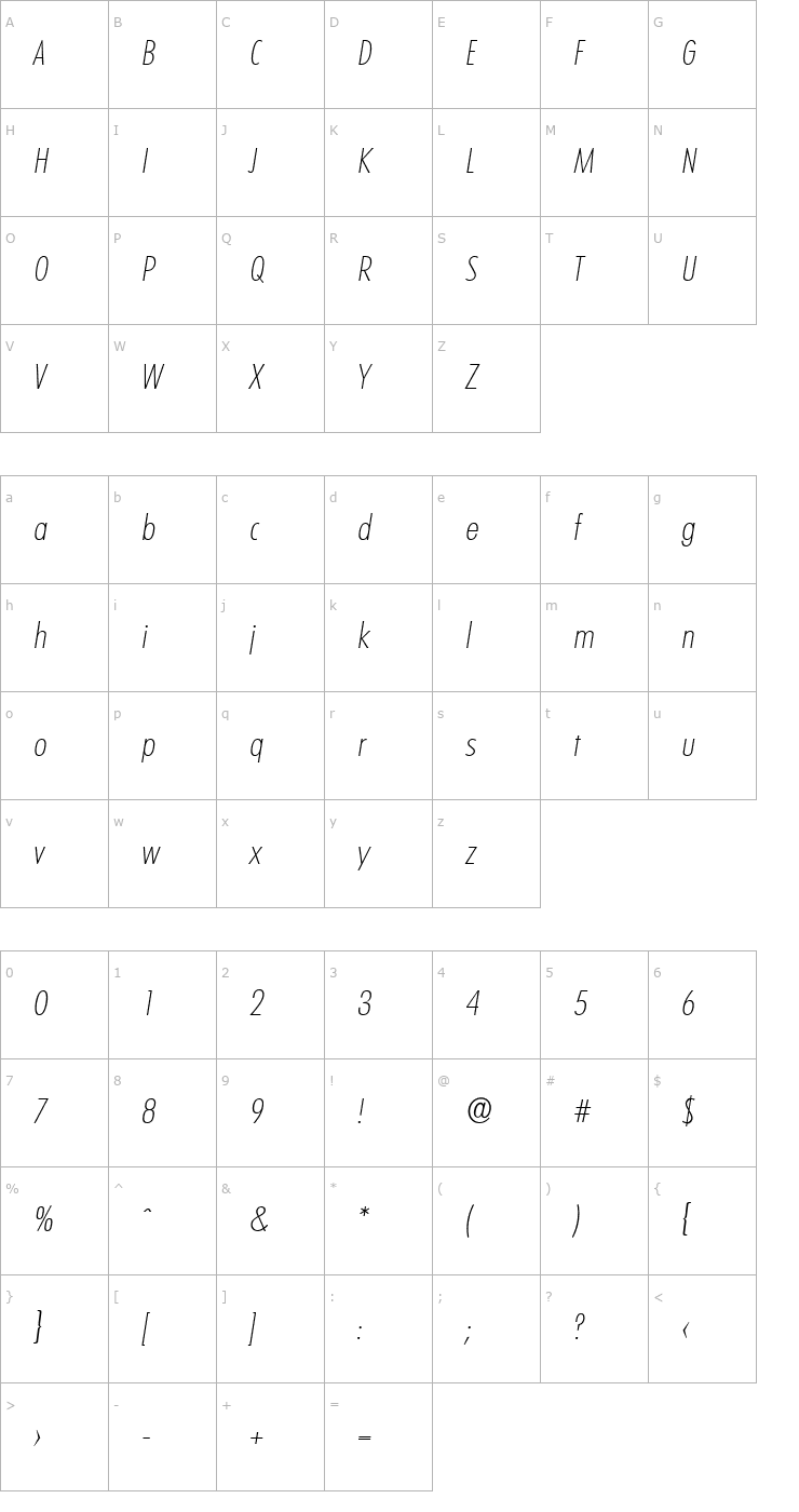 Character Map PeterBeckerCond-ExtraLight Italic Font