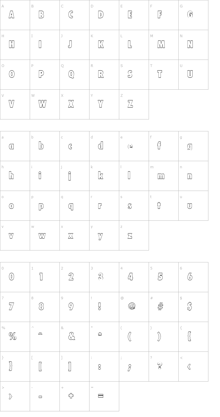 Character Map PeterBeckerCondOutline-ExtraBold-Regular Font