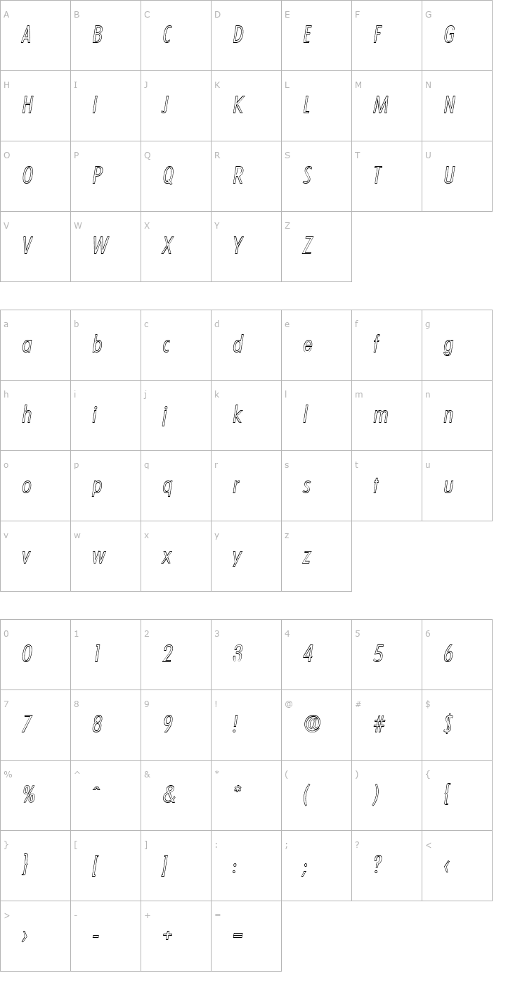 Character Map PeterBeckerCondOutline-Light-Italic Font