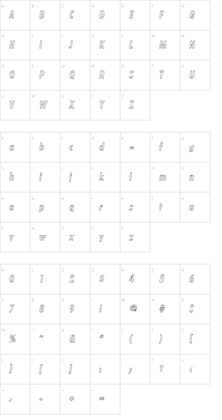 Character Map PeterBeckerCondOutline-Medium-Italic Font