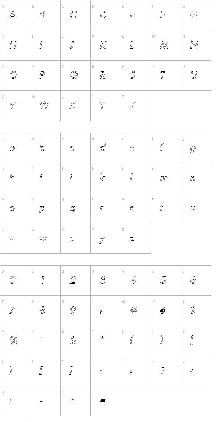 Character Map PeterBeckerOutline-Italic Font